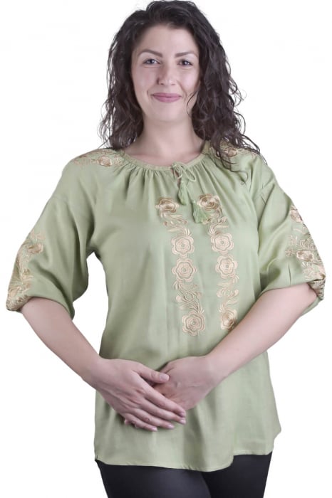 Bluza verde cu motiv floral auriu Iasmina 01