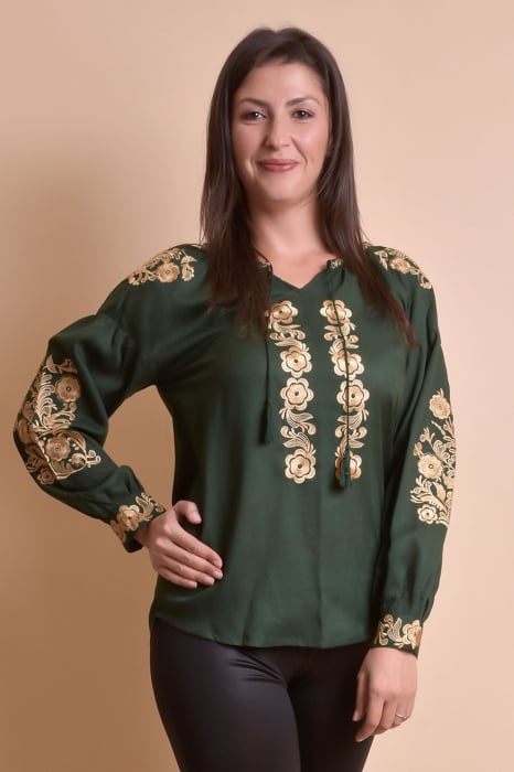 Bluza verde cu motiv floral auriu Iasmina 05 - maneca lunga