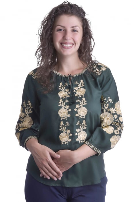 Bluza verde cu motiv floral auriu Natasa 02