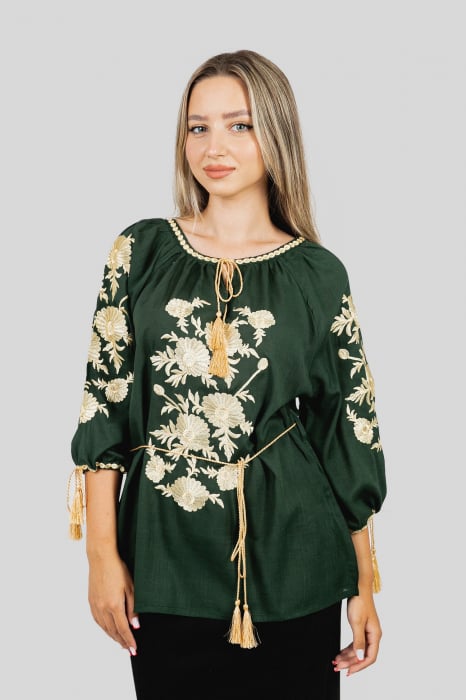 Bluza verde cu motiv floral auriu Taisia 02