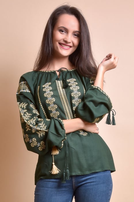 Bluza verde cu motiv geometric auriu Melissa 04 - maneca lunga