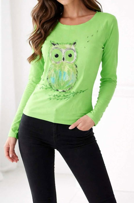 Bluza verde din bumbac pictata manual ,cu bufnita