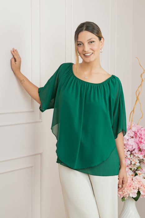 Bluza verde din voal cu maiou plisat