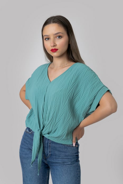 Bluza verde mint casual cu aspect texturat si nod in talie