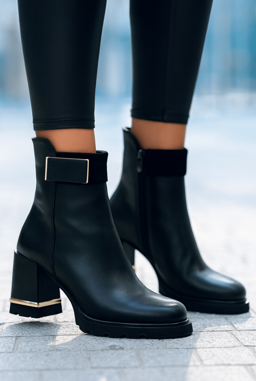 Botine cu Toc din Piele Negre cu Accesoriu - KONA