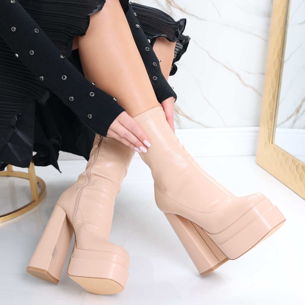 Botine Dama Bej din Piele Ecologica Adinda - poza 1