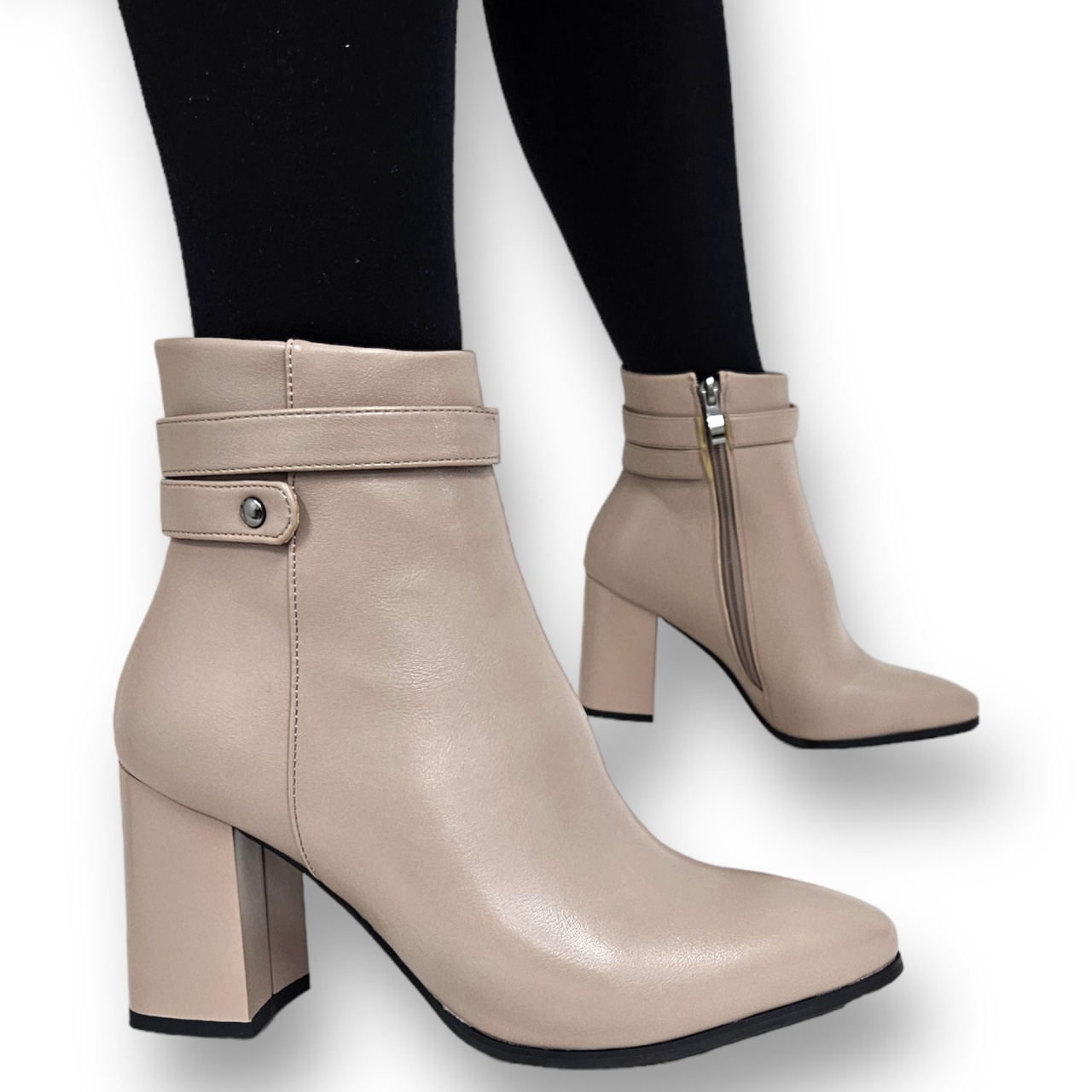 Botine DAMA din PIELE Ecologica cu FERMOAR si Catarama CRL0926 CULOARE: Bej