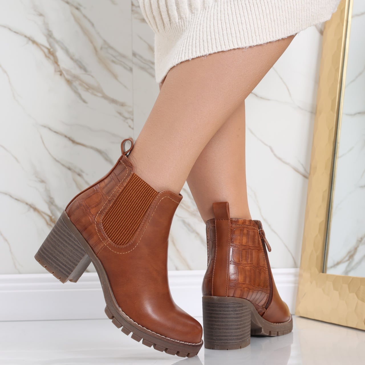 Botine Dama Imblanite Camel din Piele Ecologica Afyfa - poza 1