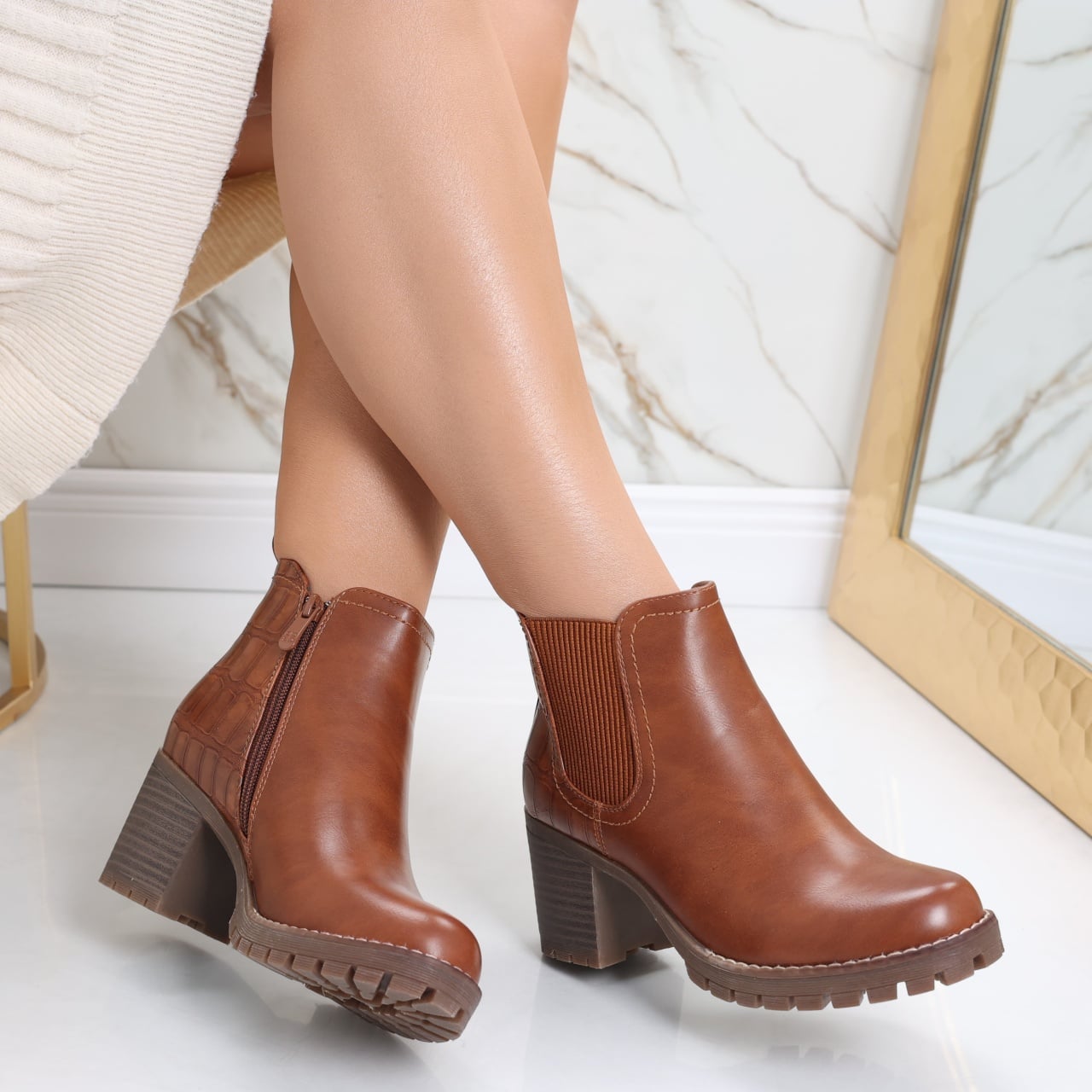 Botine Dama Imblanite Camel din Piele Ecologica Afyfa - poza 3