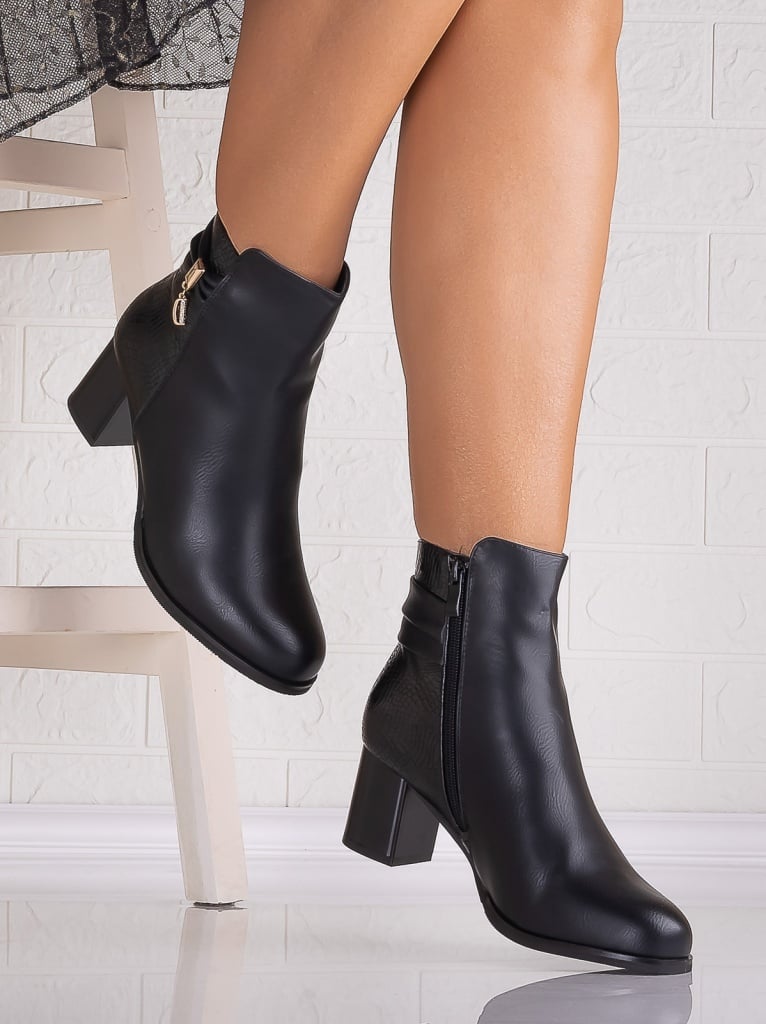 Botine Dama Imblanite cu toc Negre din Piele Ecologica Evelia - poza 1
