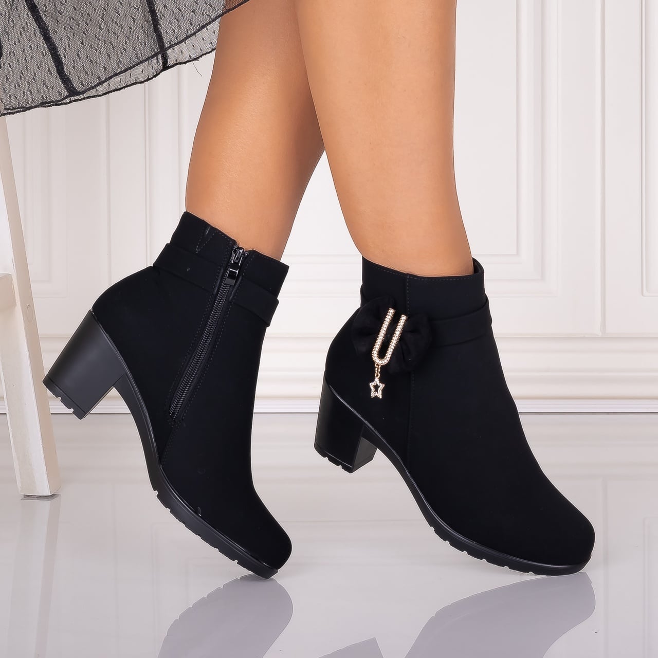 Botine Dama Imblanite cu toc Negre din Piele Ecologica Intoarsa Jomya - poza 2