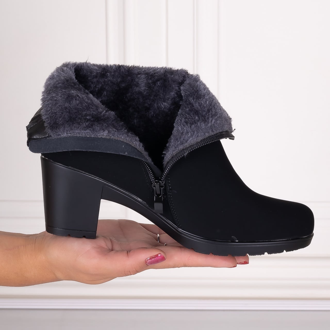 Botine Dama Imblanite cu toc Negre din Piele Ecologica Intoarsa Jomya - poza 5