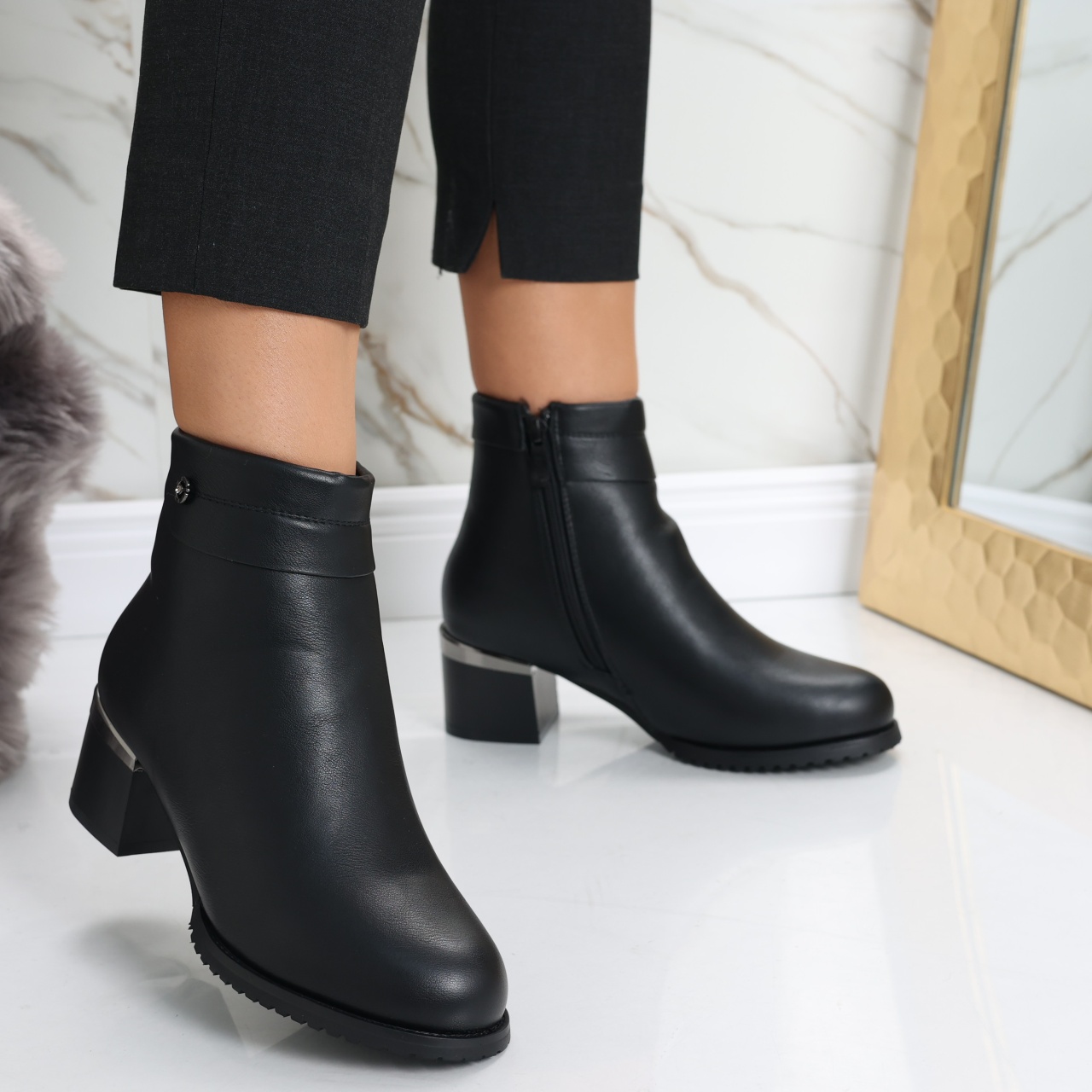 Botine Dama Imblanite Negre din Piele Ecologica Ainoma - poza 2