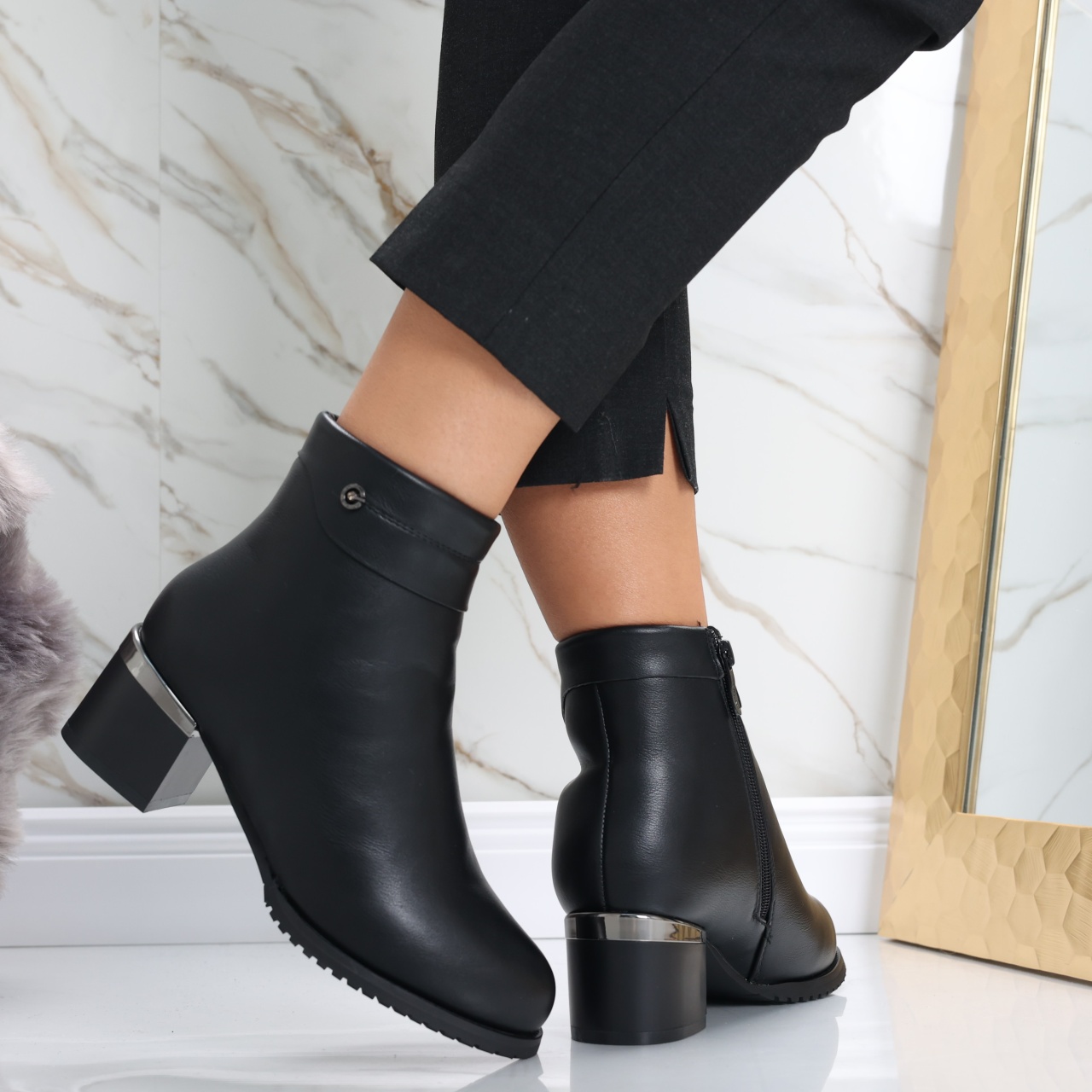 Botine Dama Imblanite Negre din Piele Ecologica Ainoma - poza 3