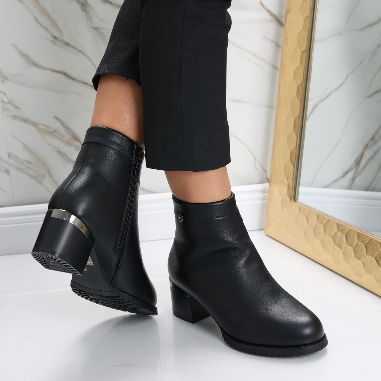 Botine Dama Imblanite Negre din Piele Ecologica Ainoma - poza 4