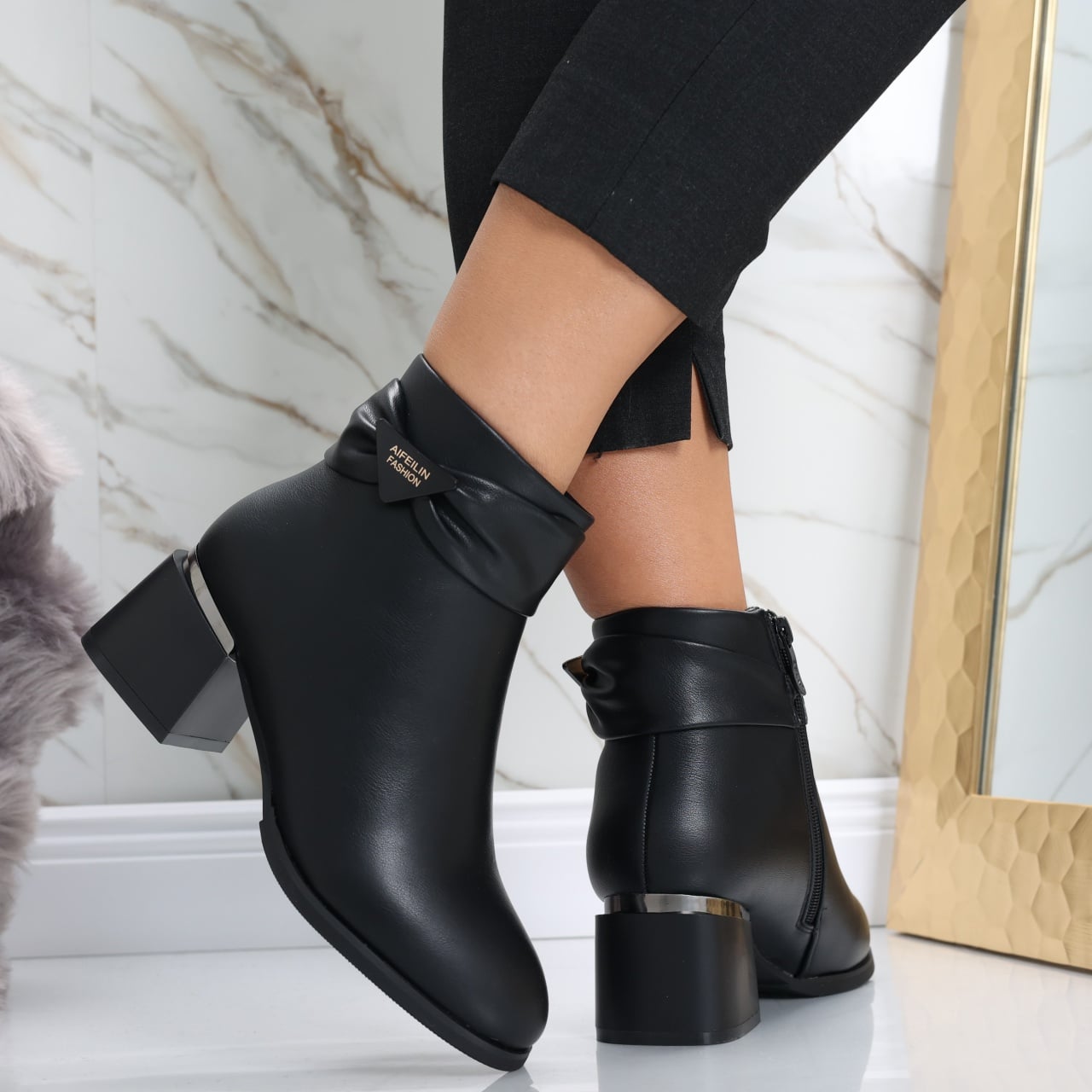 Botine Dama Imblanite Negre din Piele Ecologica Avinca - poza 1