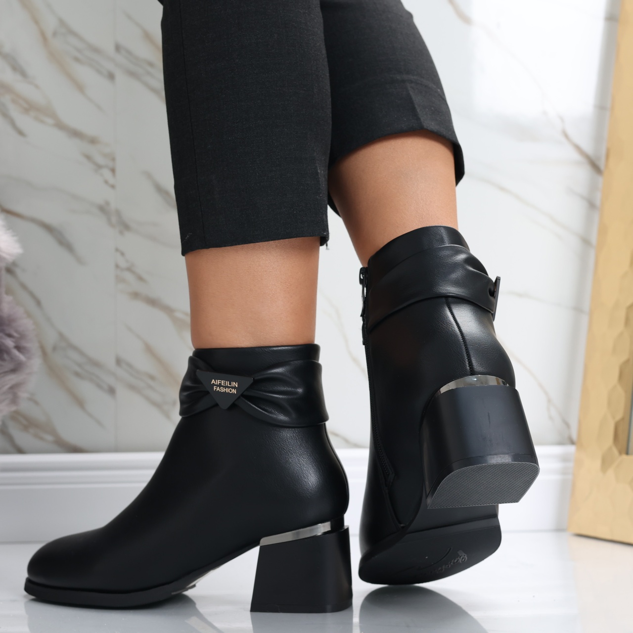 Botine Dama Imblanite Negre din Piele Ecologica Avinca - poza 5