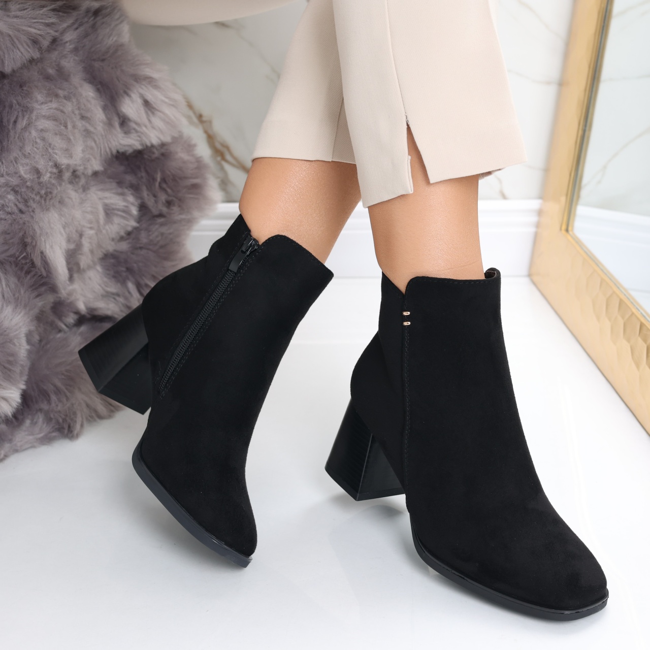 Botine Dama Imblanite Negre din Piele Ecologica Intoarsa Ailoca - poza 2
