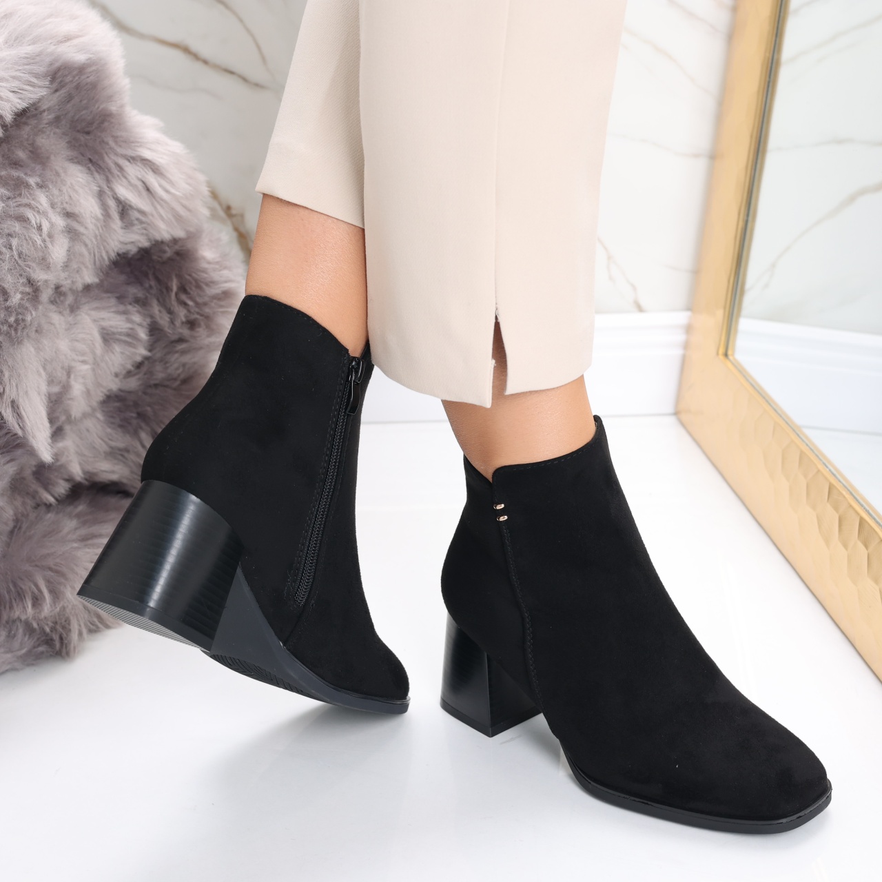 Botine Dama Imblanite Negre din Piele Ecologica Intoarsa Ailoca - poza 5