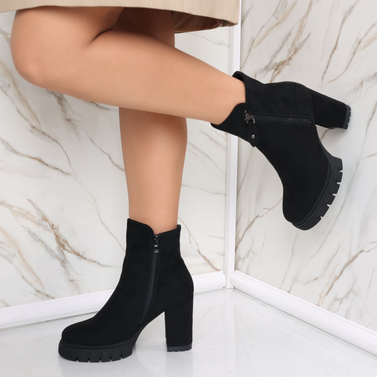 Botine Dama Imblanite Negre din Piele Ecologica Intoarsa Belinda - poza 2