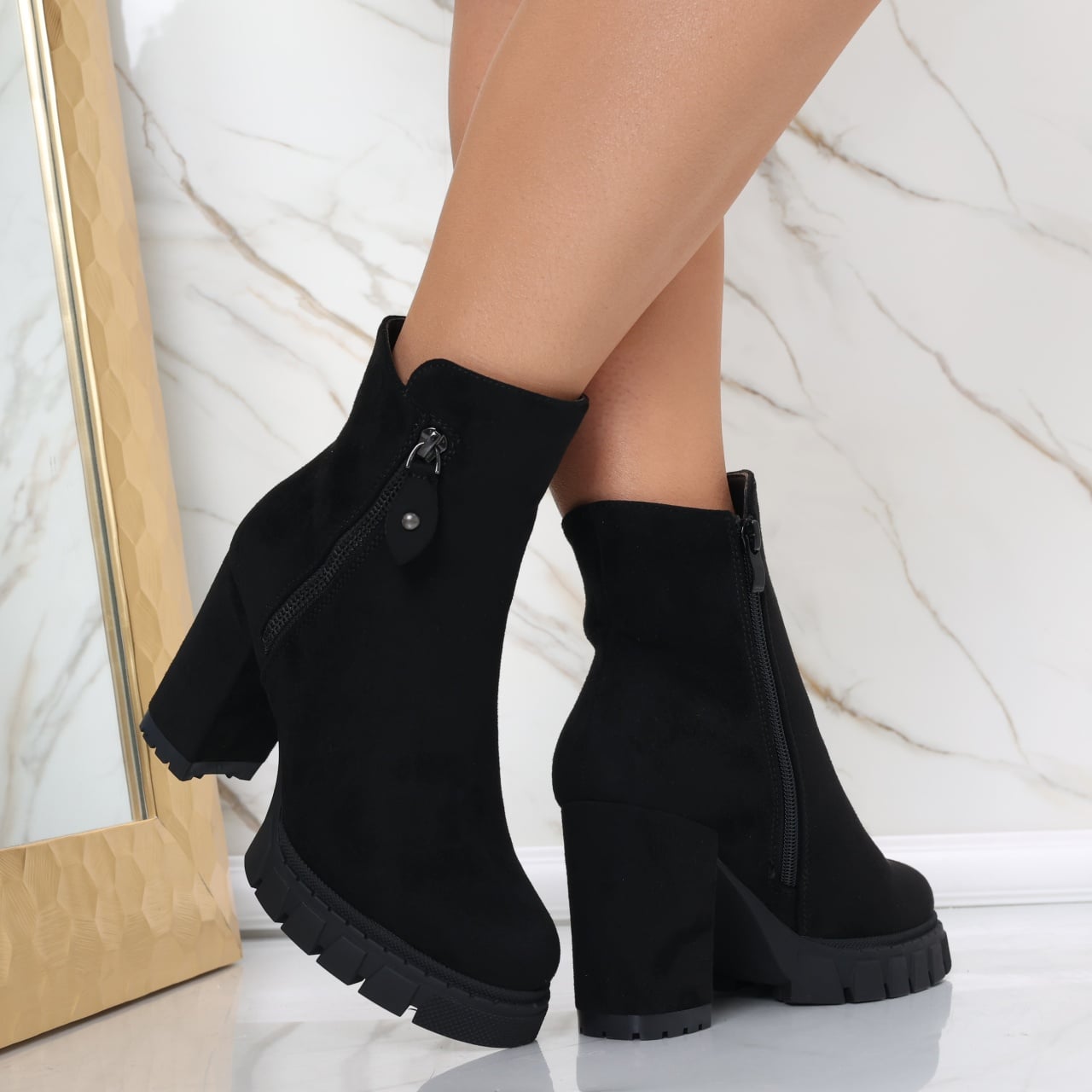Botine Dama Imblanite Negre din Piele Ecologica Intoarsa Belinda - poza 4