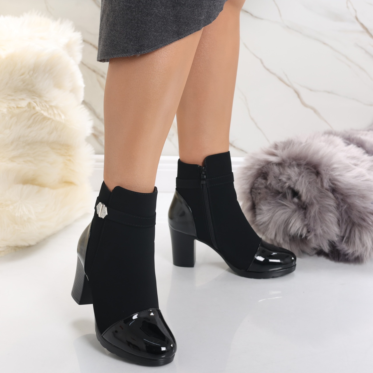 Botine Dama Imblanite Negre din Piele Ecologica Intoarsa Ravoya - poza 3