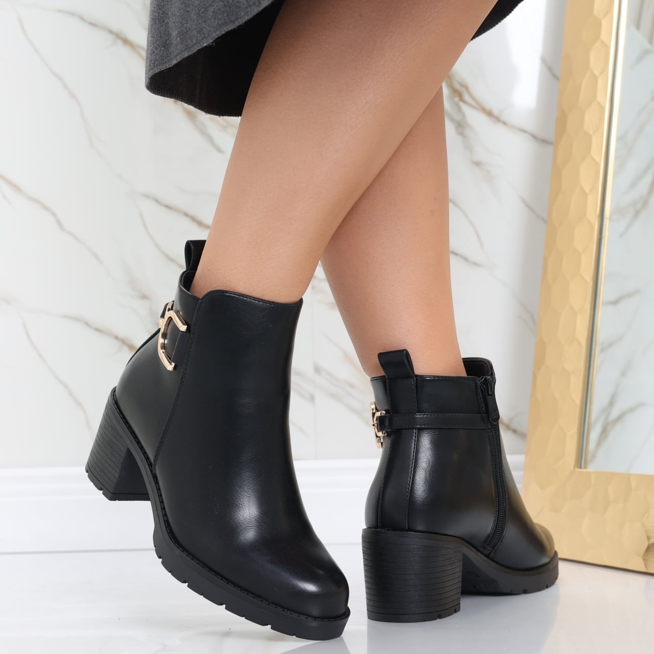 Botine Dama Imblanite Negre din Piele Ecologica Intoarsa Wafika - poza 3