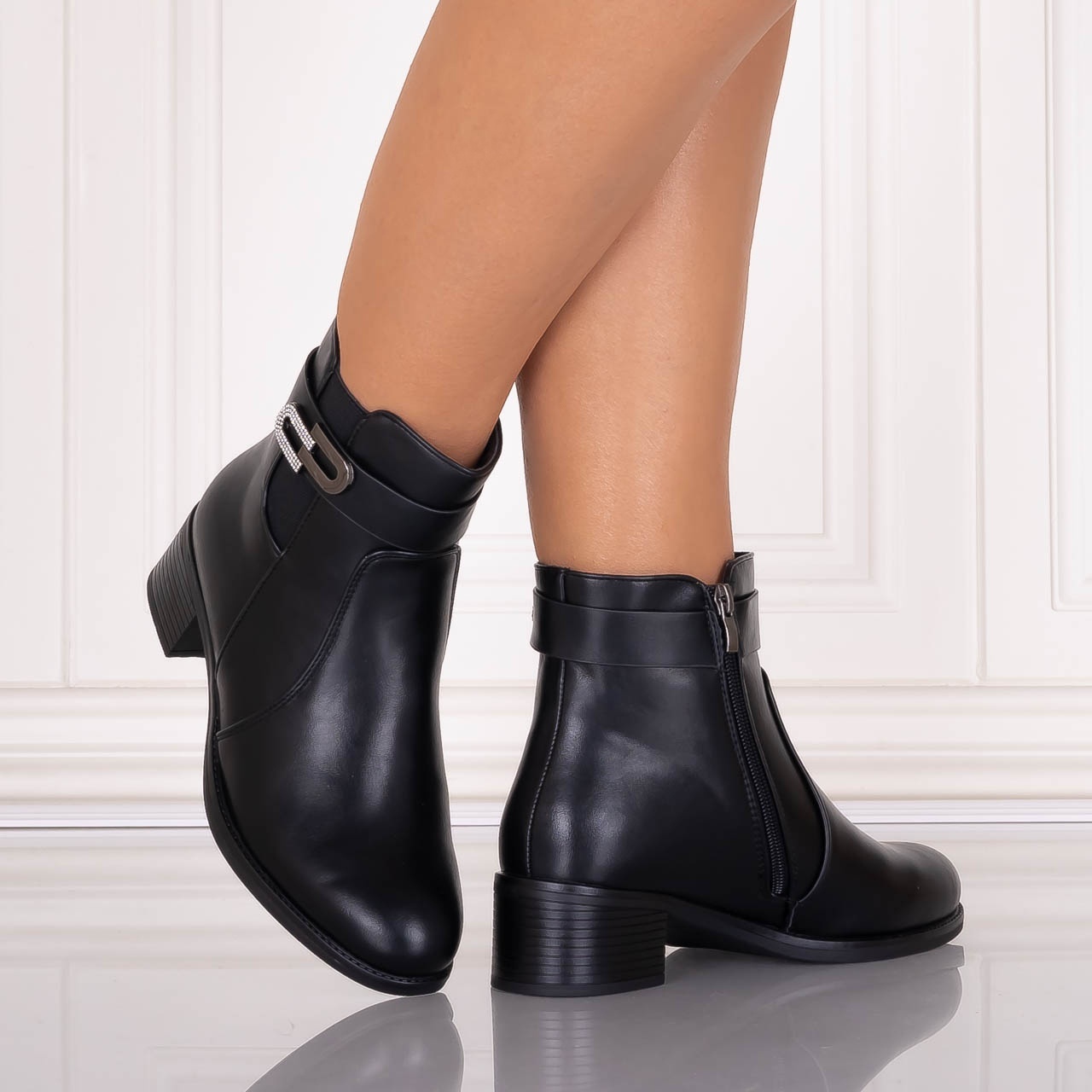 Botine Dama Imblanite Negre din Piele Ecologica Nistona - poza 2
