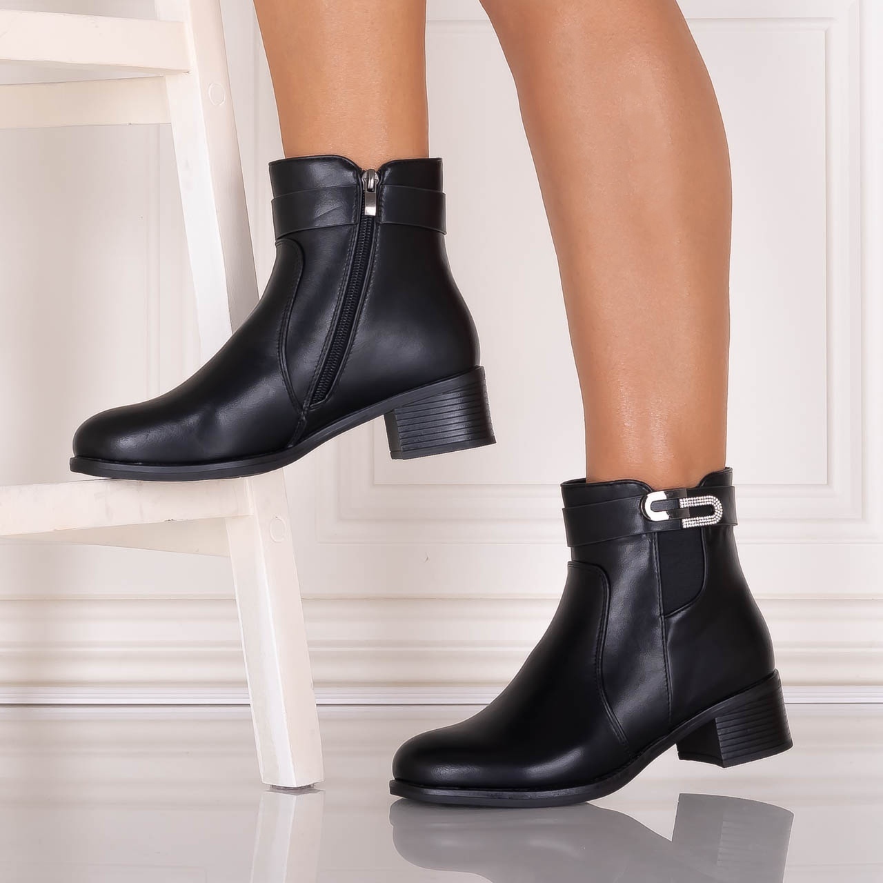 Botine Dama Imblanite Negre din Piele Ecologica Nistona - poza 3