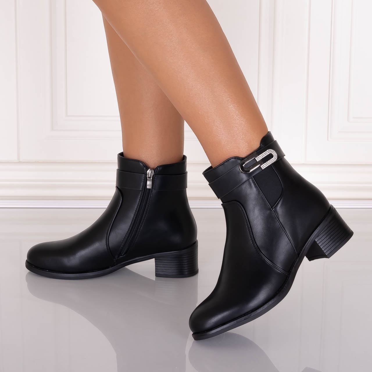 Botine Dama Imblanite Negre din Piele Ecologica Nistona - poza 4