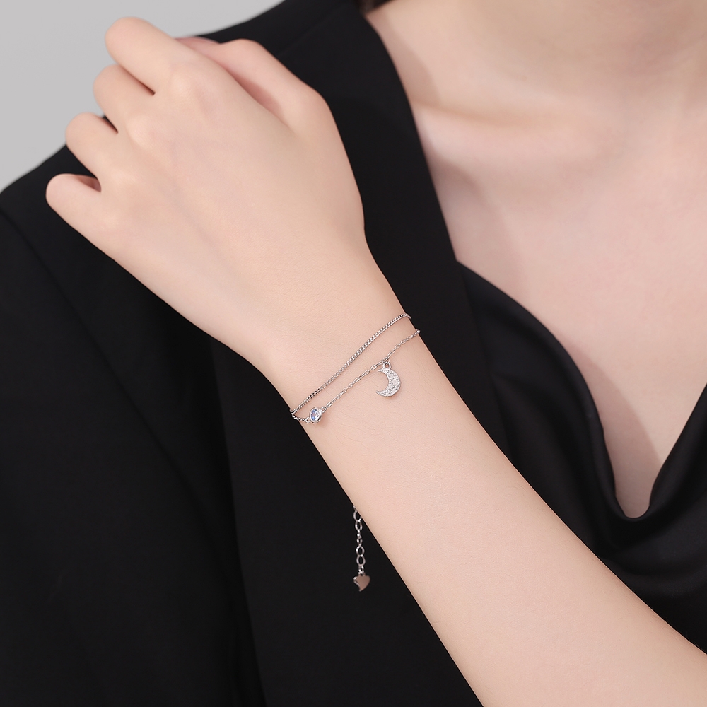 Bratara argint 925, JW1226, model dublu semiluna si stelute, placata cu rodiu - poza 2