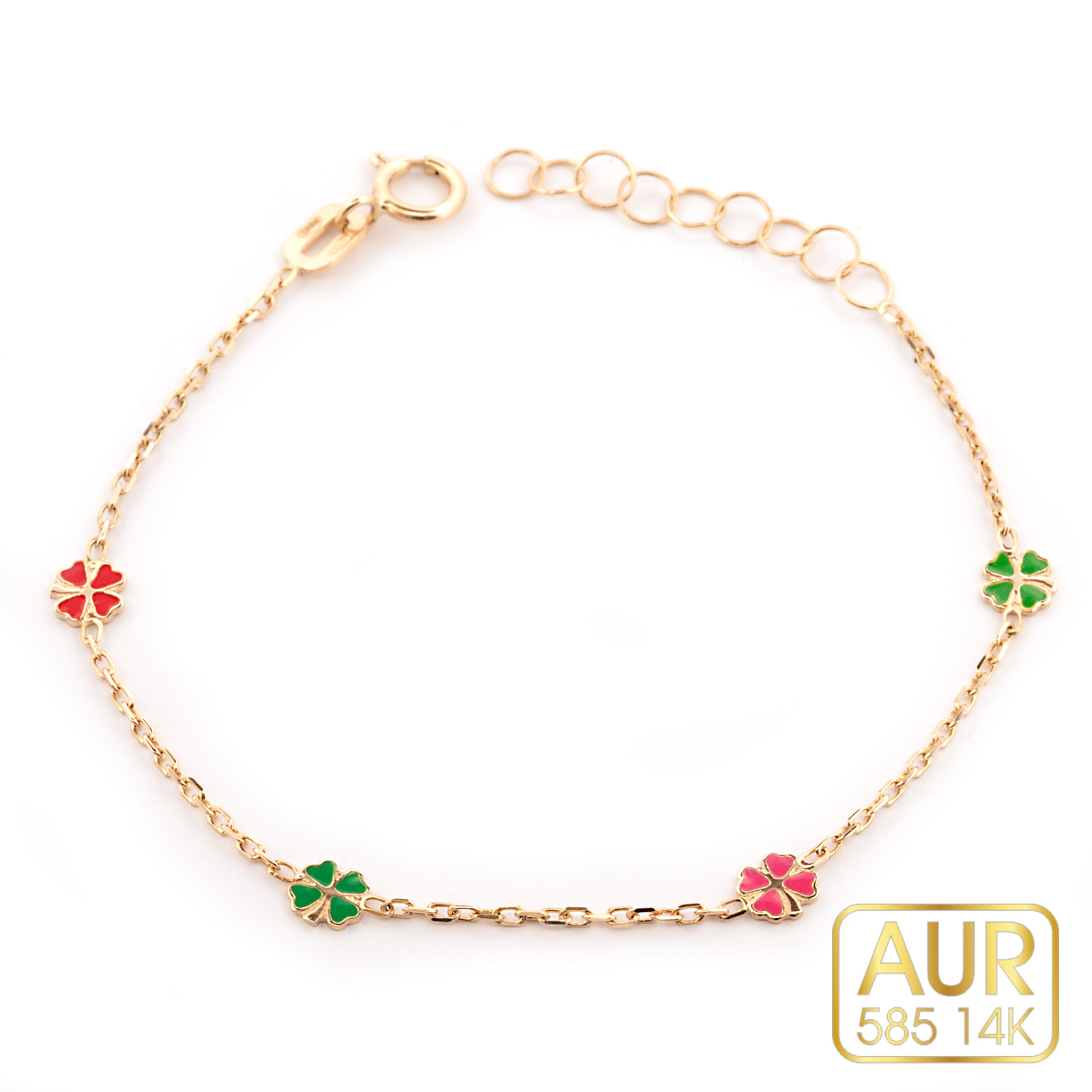 Bratara Aur 14K bebe/copii cu trifoi colorati-O bijuterie delicata care poarta noroc