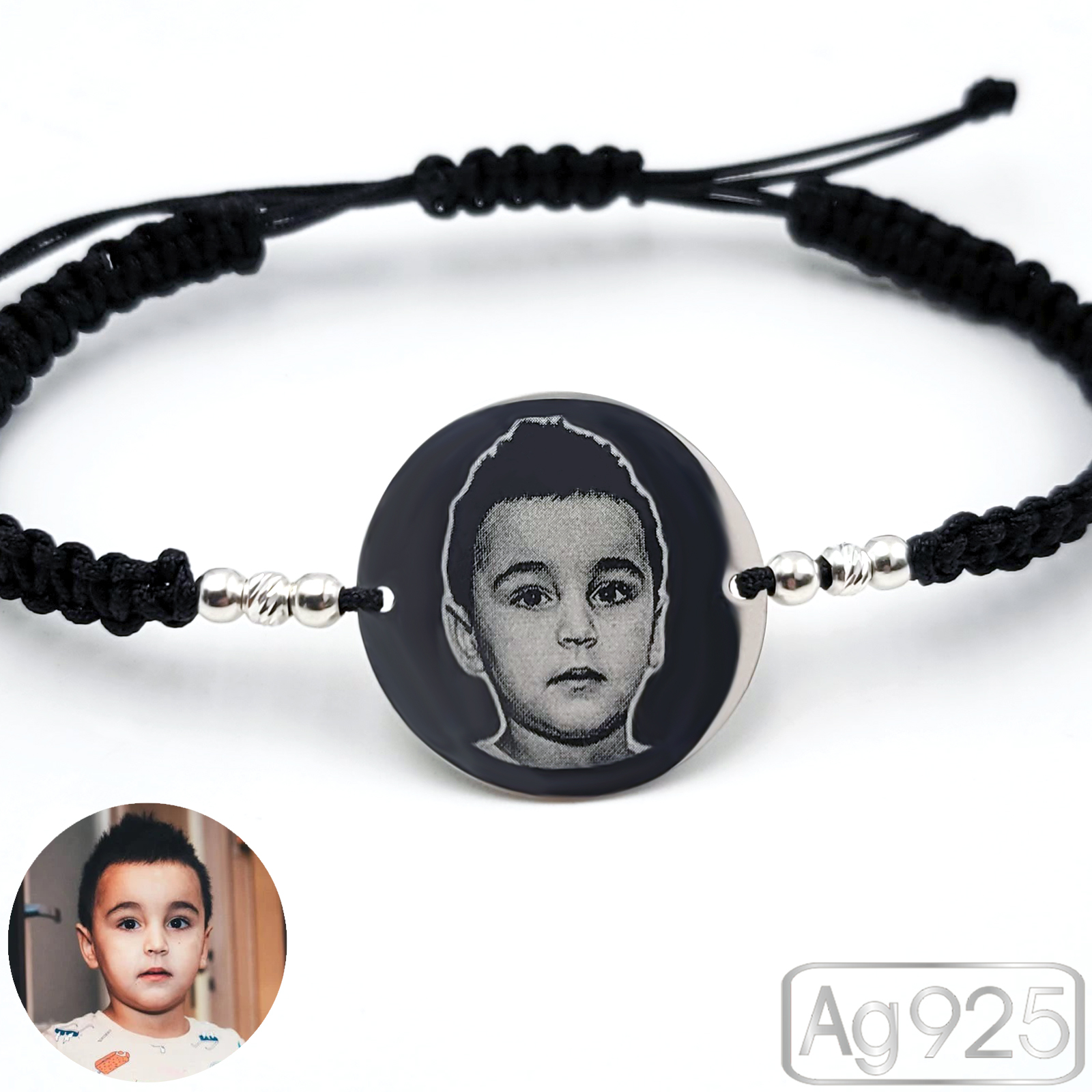 Bratara banut argint gravat cu poza (22 mm) - Snur impletit si bilute Ag