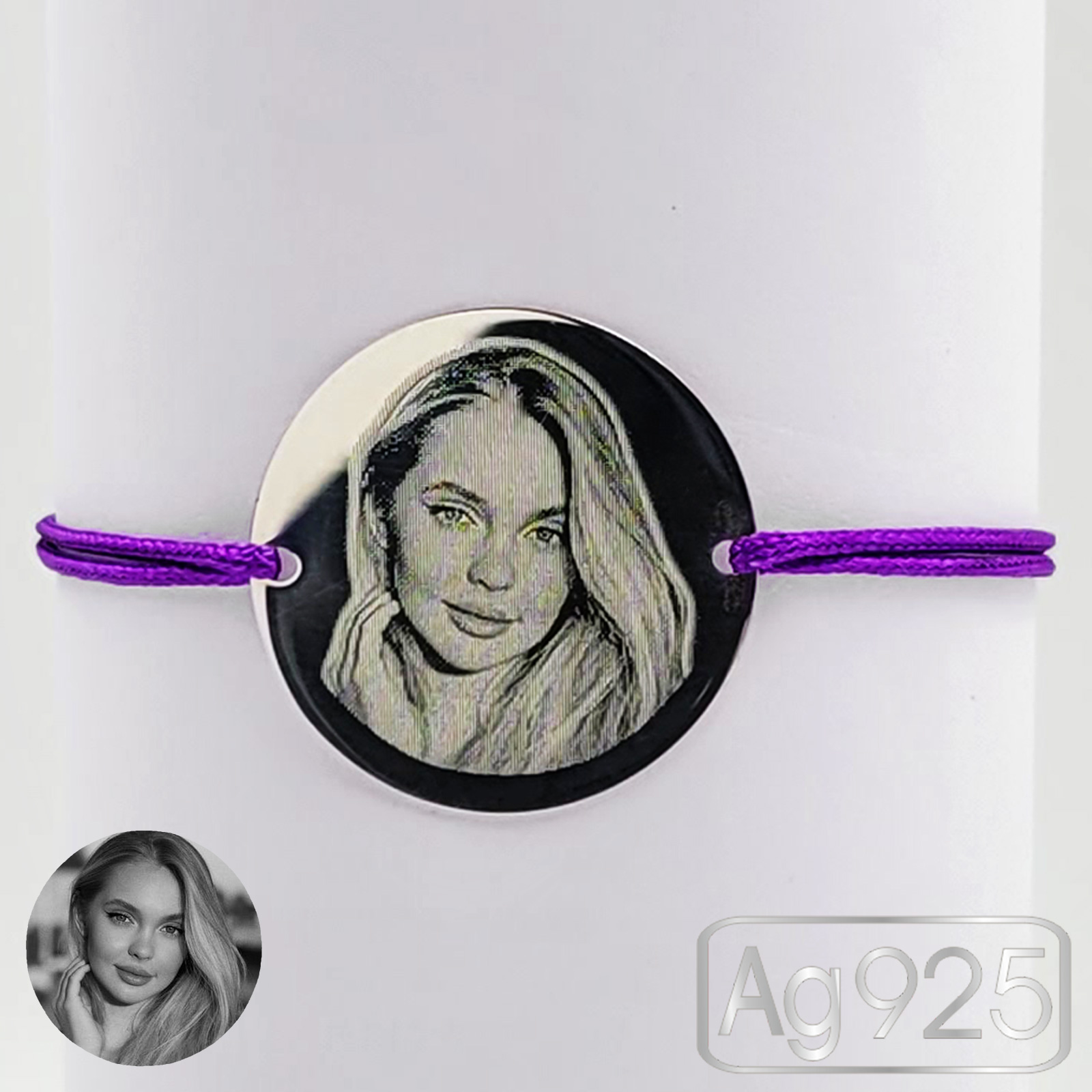 Bratara banut argint gravat cu poza (22 mm) - Snur reglabil