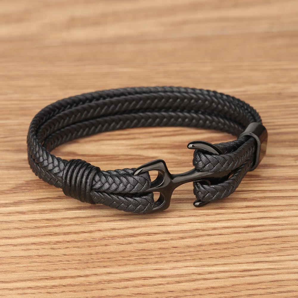 Bratara barbati din piele naturala neagra Ancora