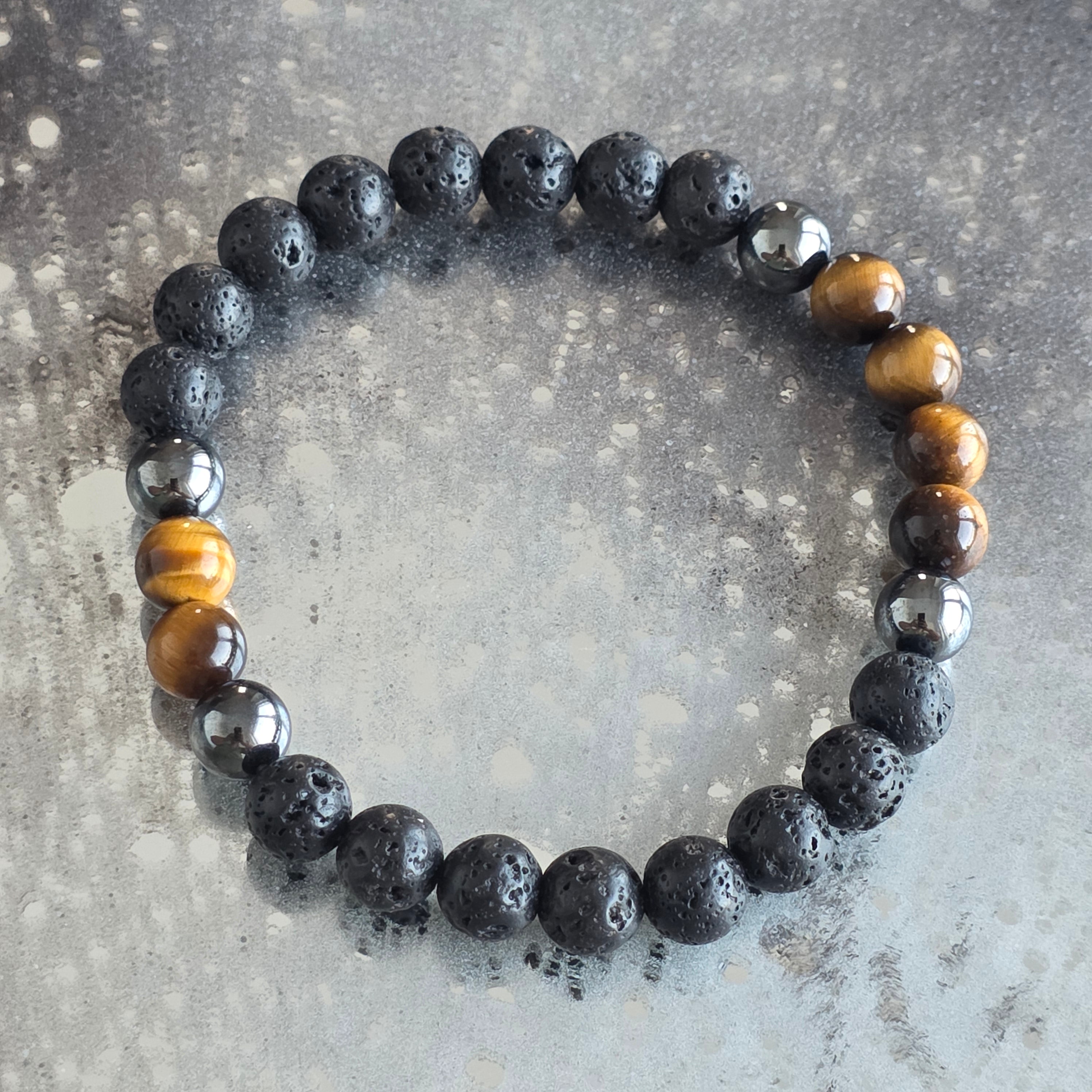 Bratara barbati lava stone, ochi de tigru, hematit 8 mm
