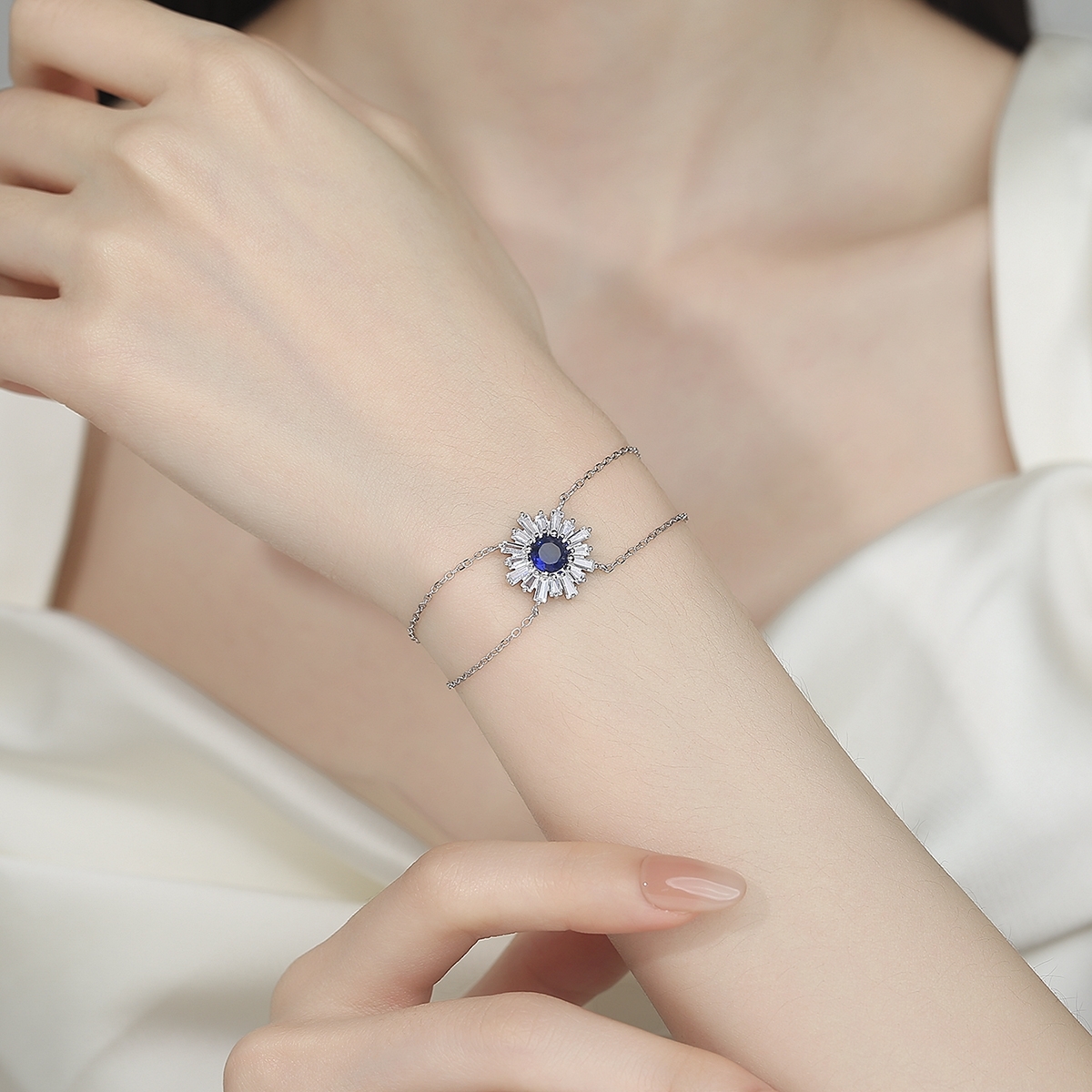 Bratara din argint 925 pentru dama, JW1602, model dublu cu zirconiu albastru, placata cu rodiu - poza 2