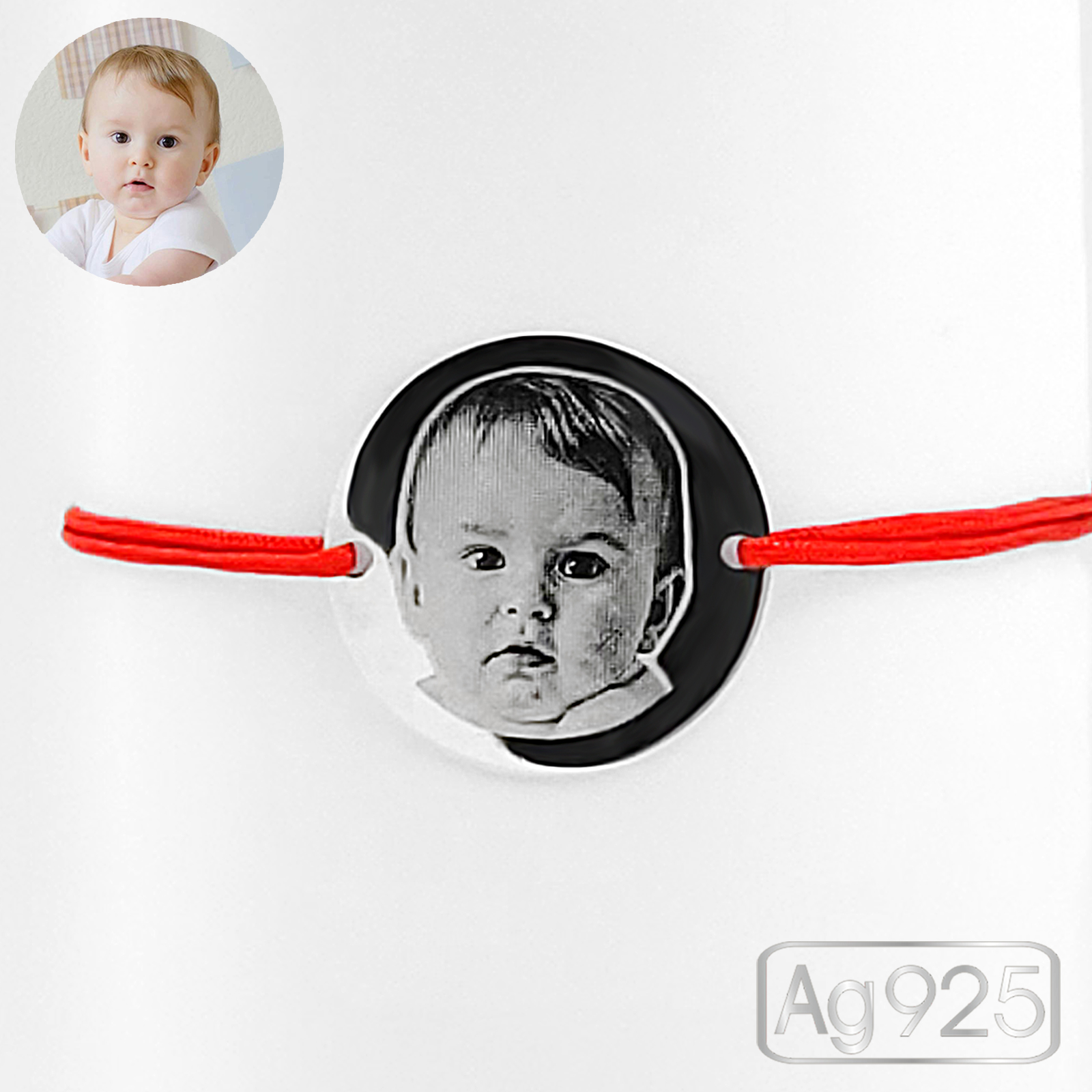 Bratara gravata cu poza - Banut Ag 19mm - Snur reglabil