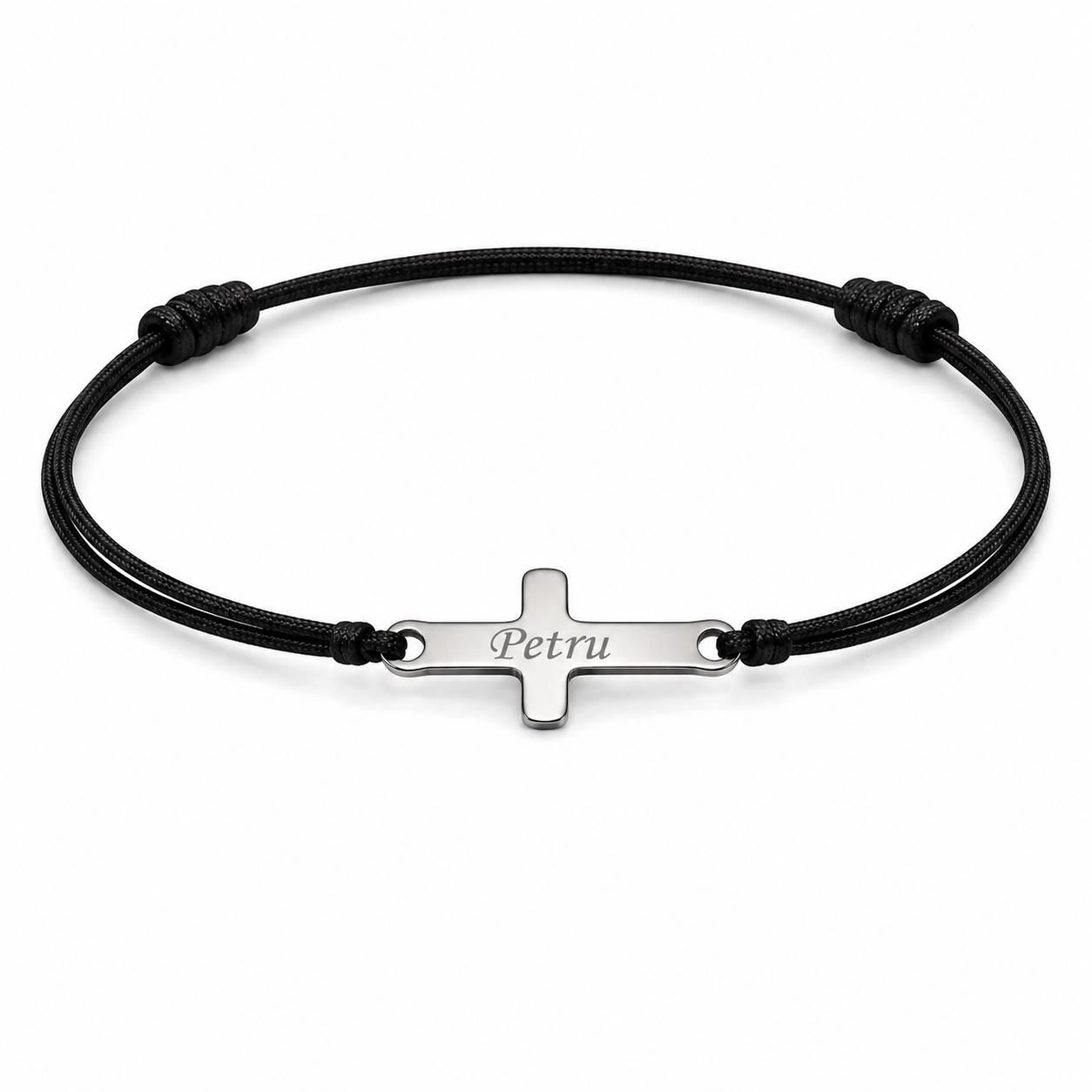 Bratara Neagră Personalizata Cruce Nume cu Argint