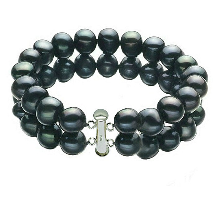 Bratara Perle - Bratara Dubla cu Perle Naturale Negre si Inchizatoare din Argint 925