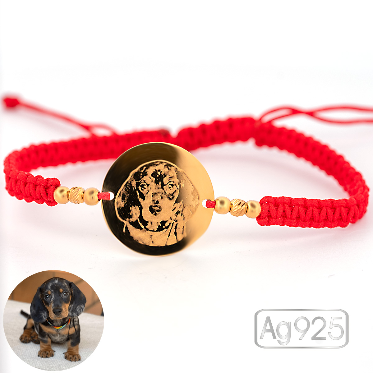 Bratara personalizata cu poza - Banut 19mm Ag placat cu Aur - Snur impletit si bilute Ag