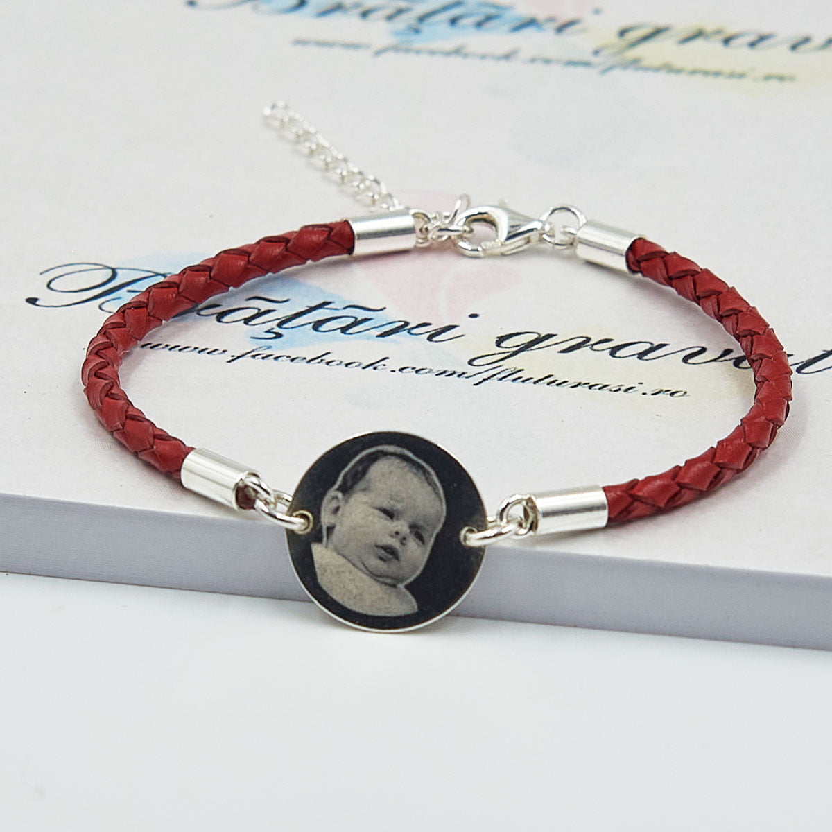 Bratara personalizata din piele cu banut gravat din argint-16mm