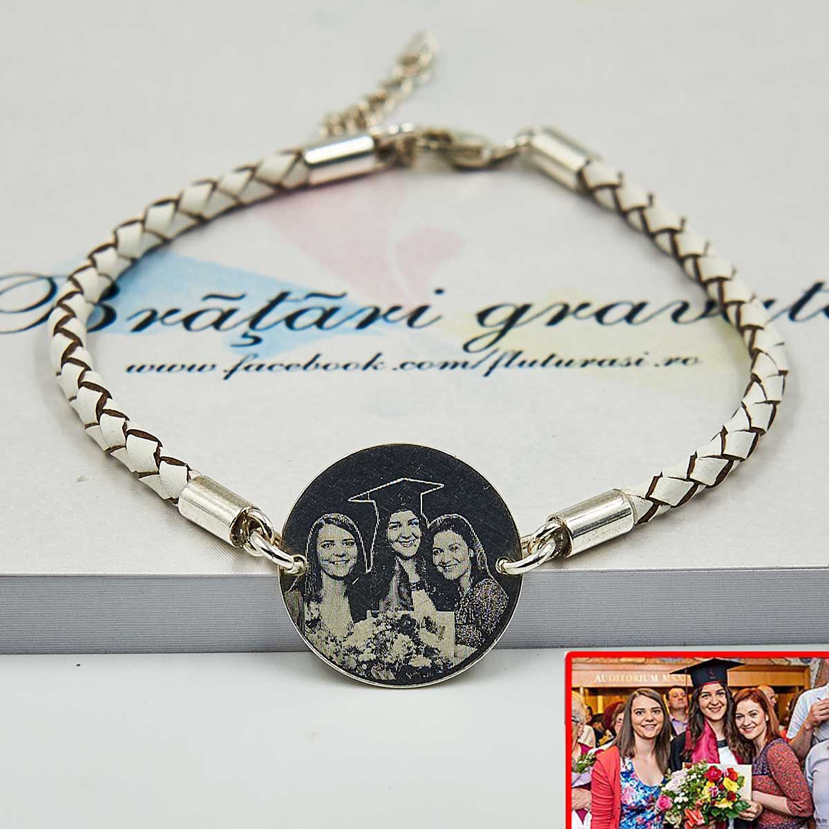 Bratara personalizata din piele cu banut gravat din argint-19mm
