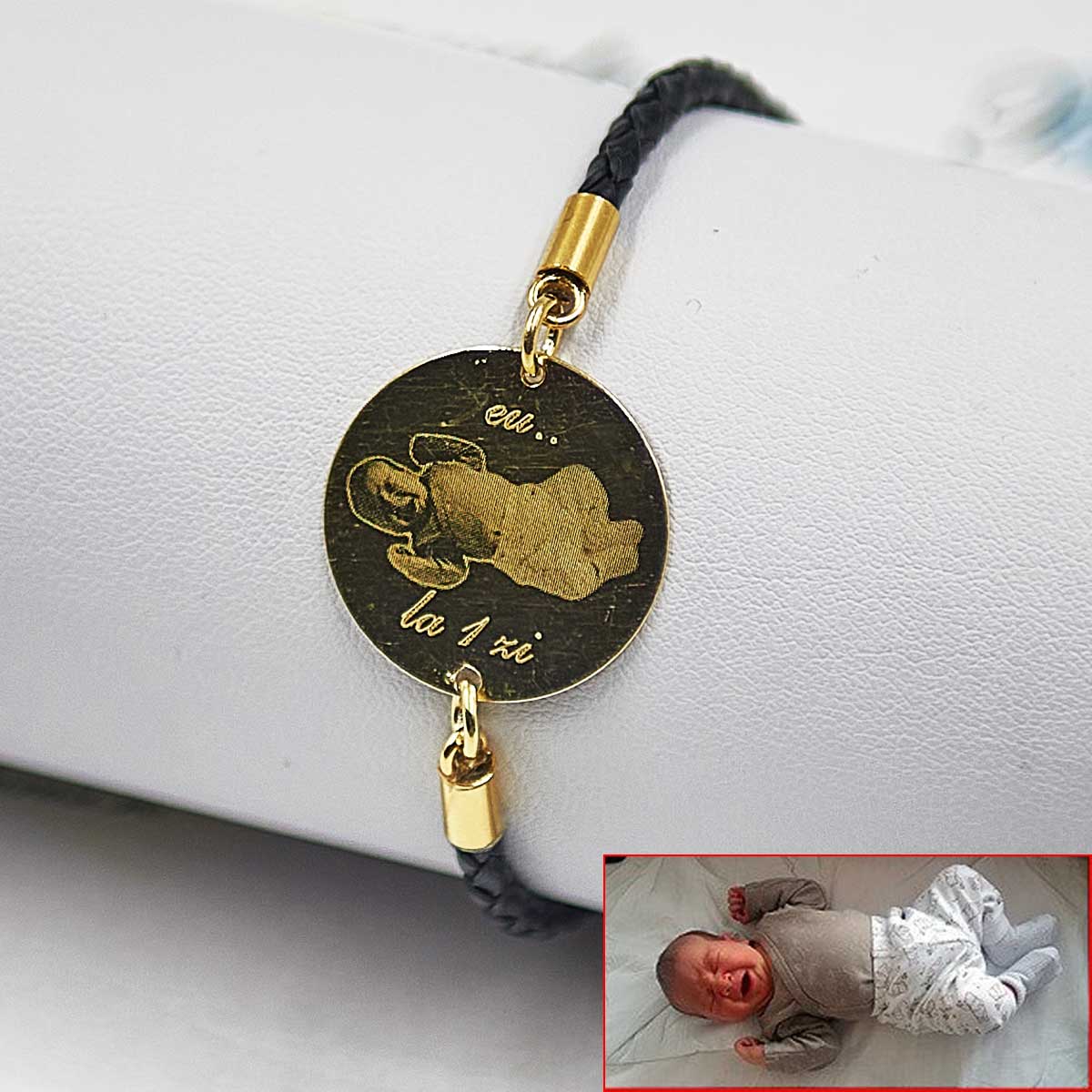 Bratara personalizata din piele cu banut gravat din argint placat cu aur-22mm