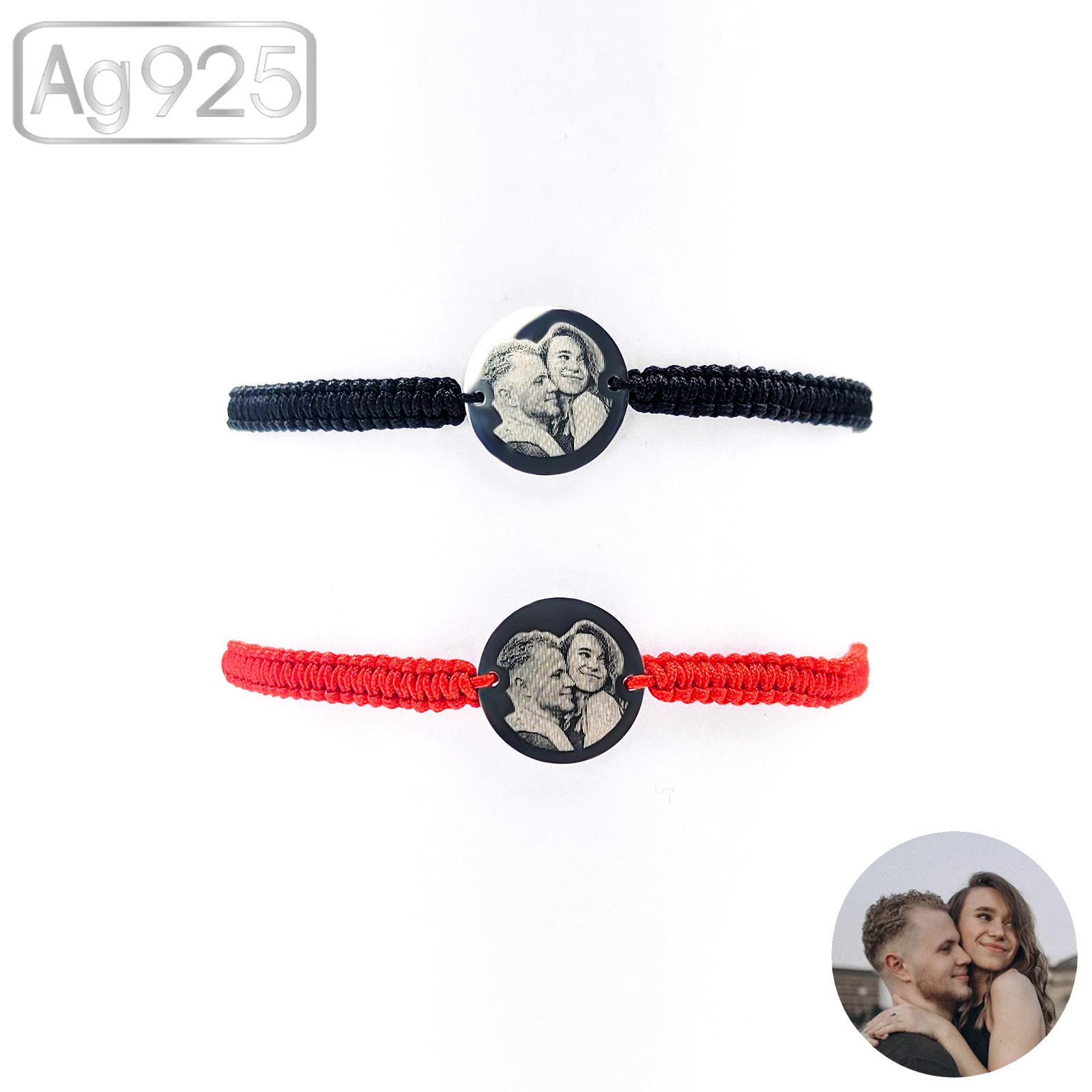 Bratari pentru cupluri personalizate cu poza din argint - Banut 16mm - Snur impletit