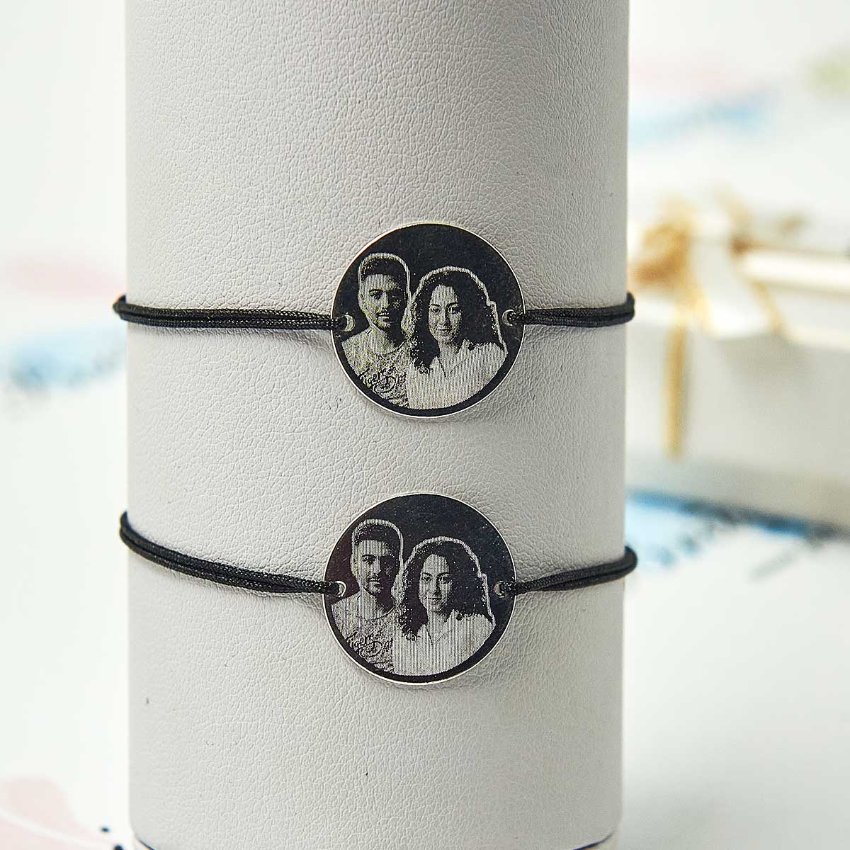 Bratari pentru cupluri personalizate cu poza din argint - Banut 16mm - Snur reglabil