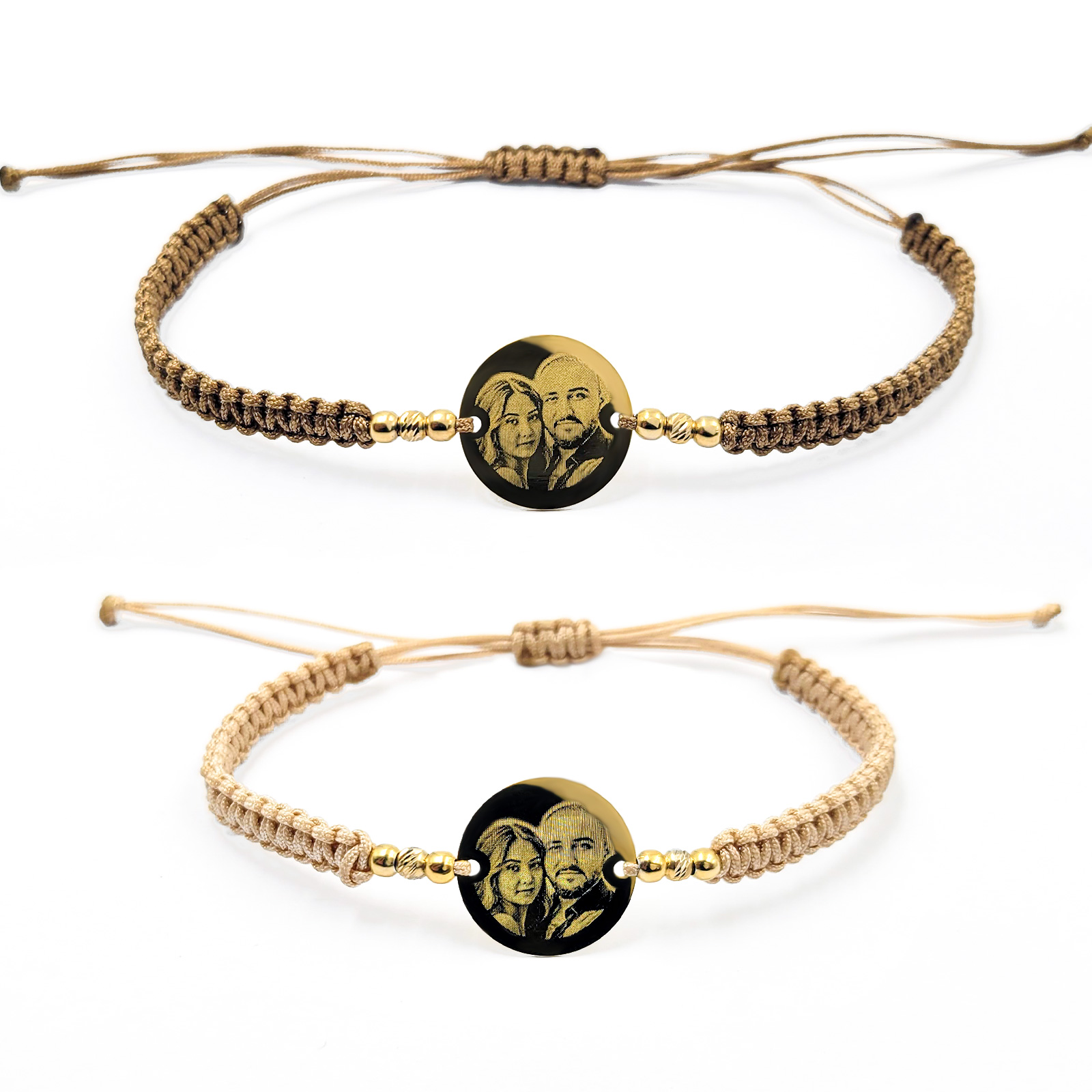 Bratari pentru cupluri personalizate cu poza din argint/placat Aur - Banut 16mm - Snur impletit si bilute Ag