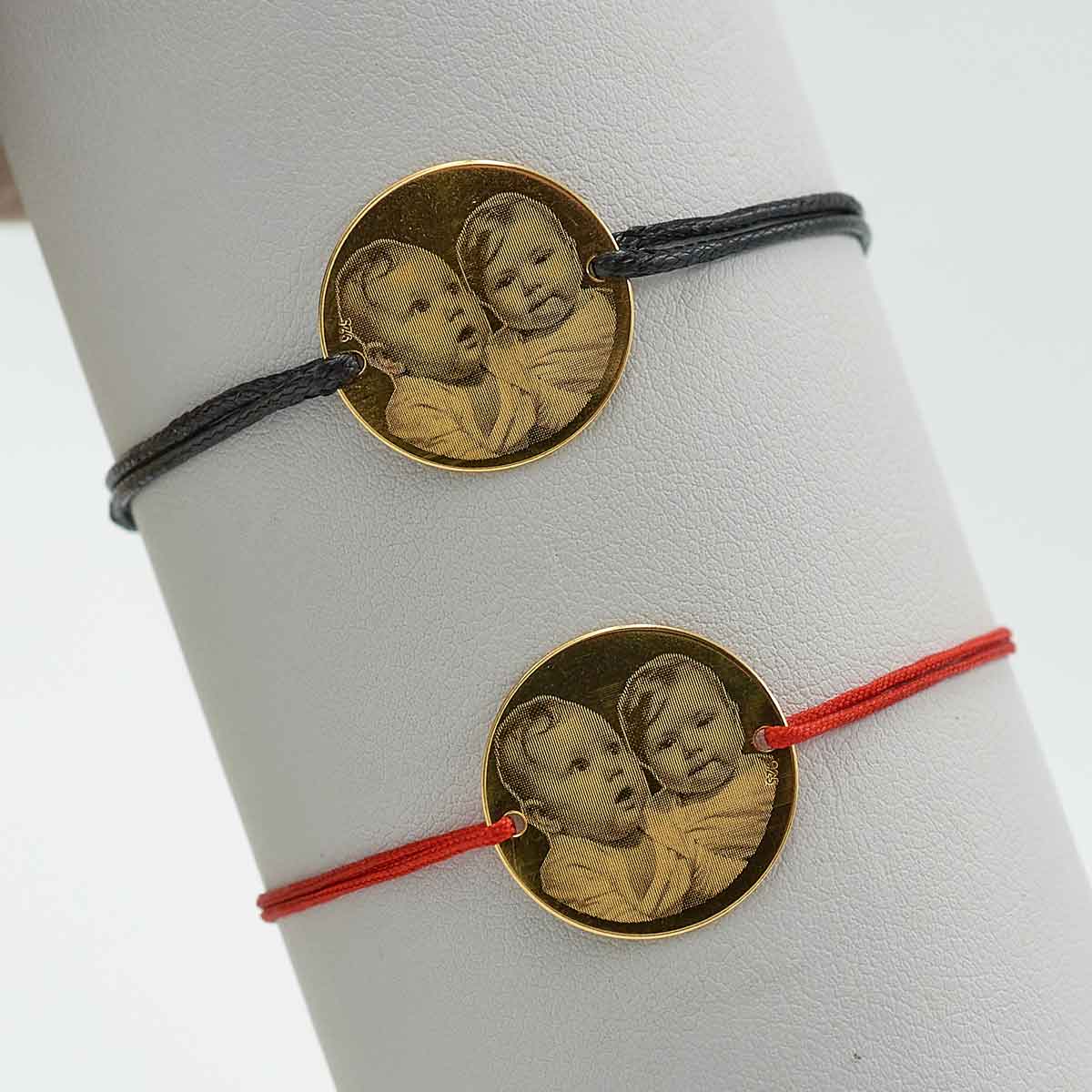 Bratari pentru cupluri personalizate cu poza din argint/placat Aur - Banut 16mm - Snur reglabil