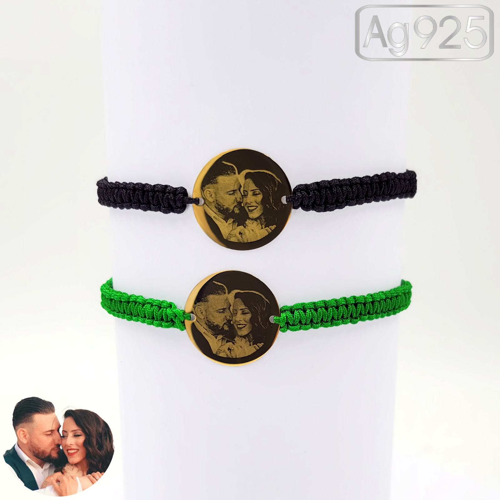 Bratari personalizate cu poza cuplu din argint placat cu aur- Banut 19mm - Snur impletit