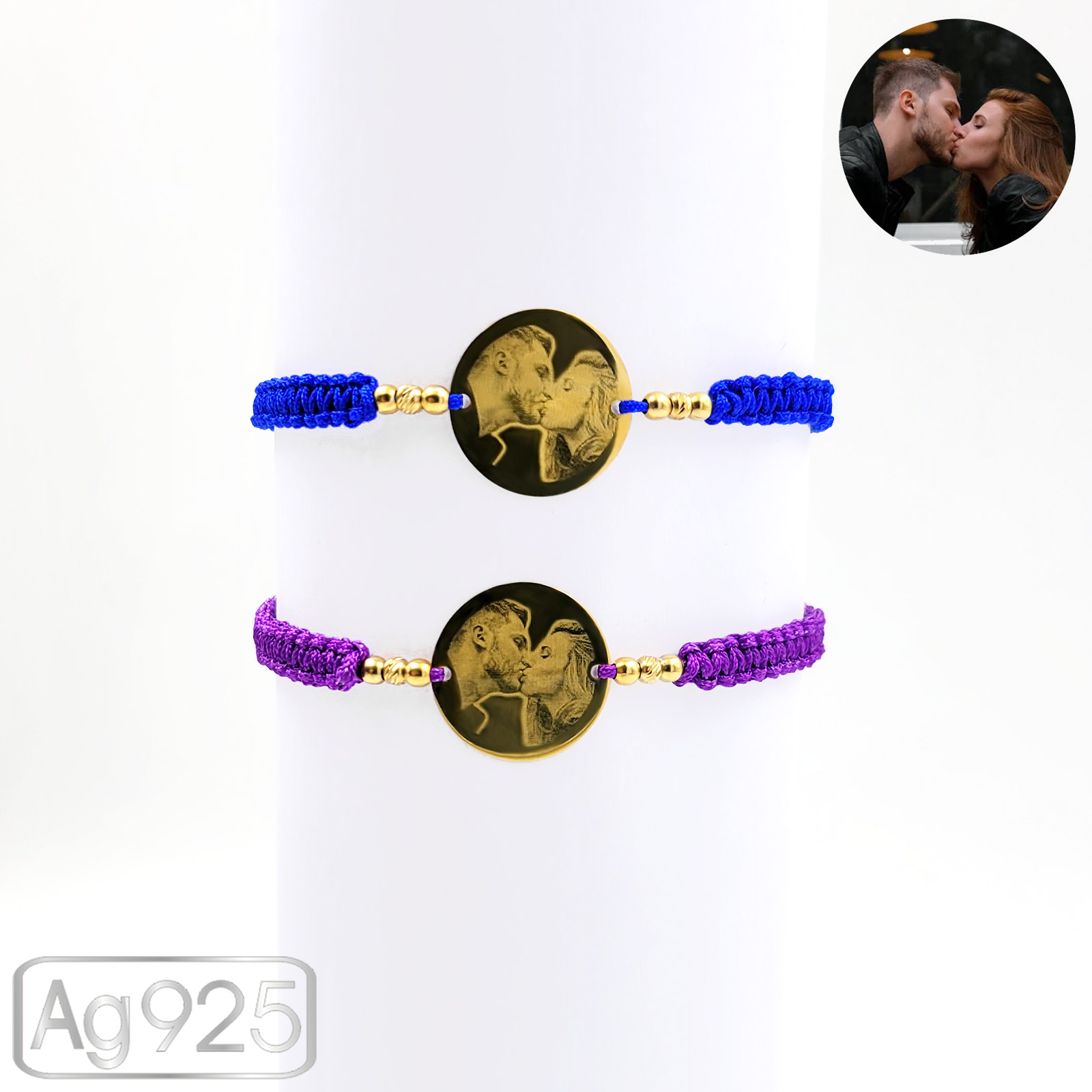 Bratari personalizate cu poza cuplu din argint placat cu aur- Banut 19mm - Snur impletit si bilute Ag